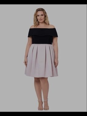 Betsy & Adam Black Off-Shoulder Bodice with Light Pink Skater Skirt